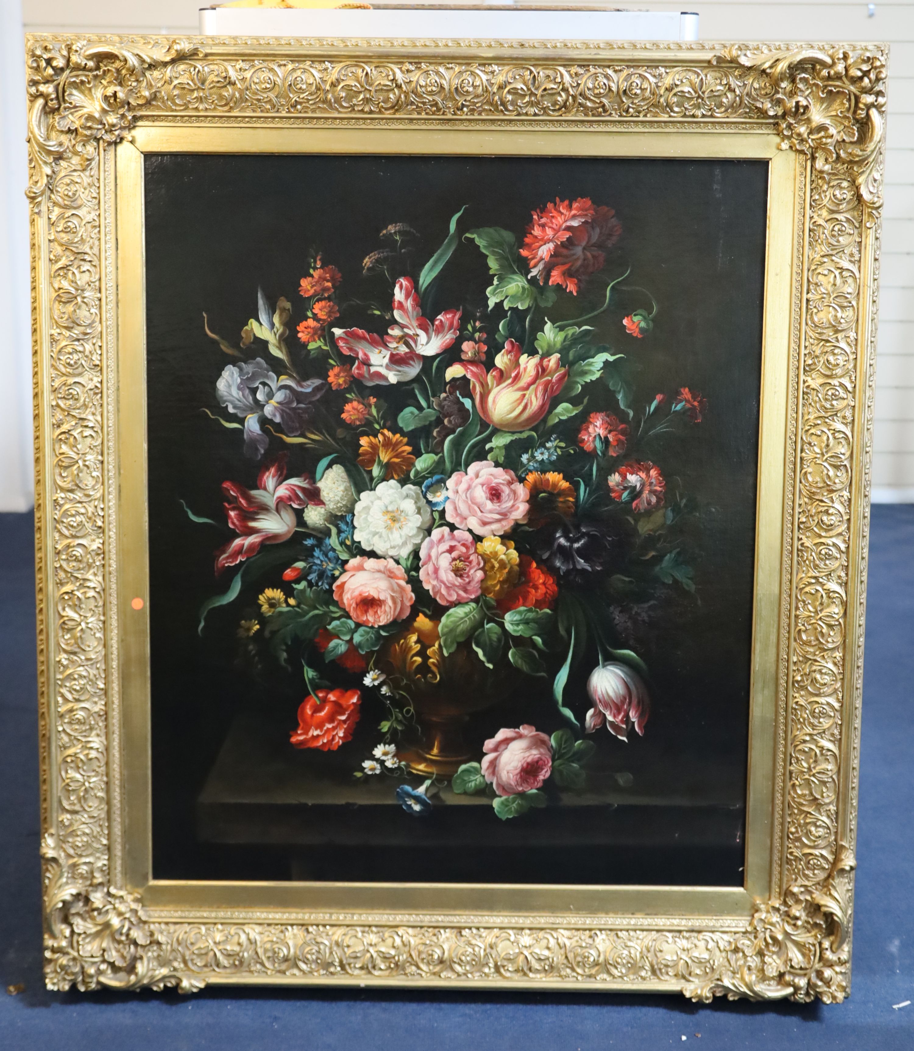 17th century Dutch style Still life of flowers in an urn upon a ledge 35 x 29in.